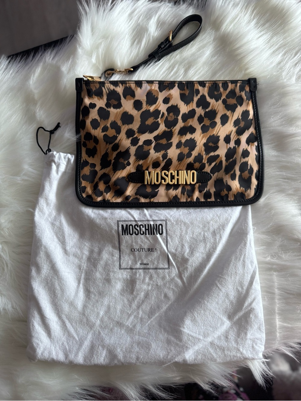 Moschino Black Leather Wristlet with Gold Hardware